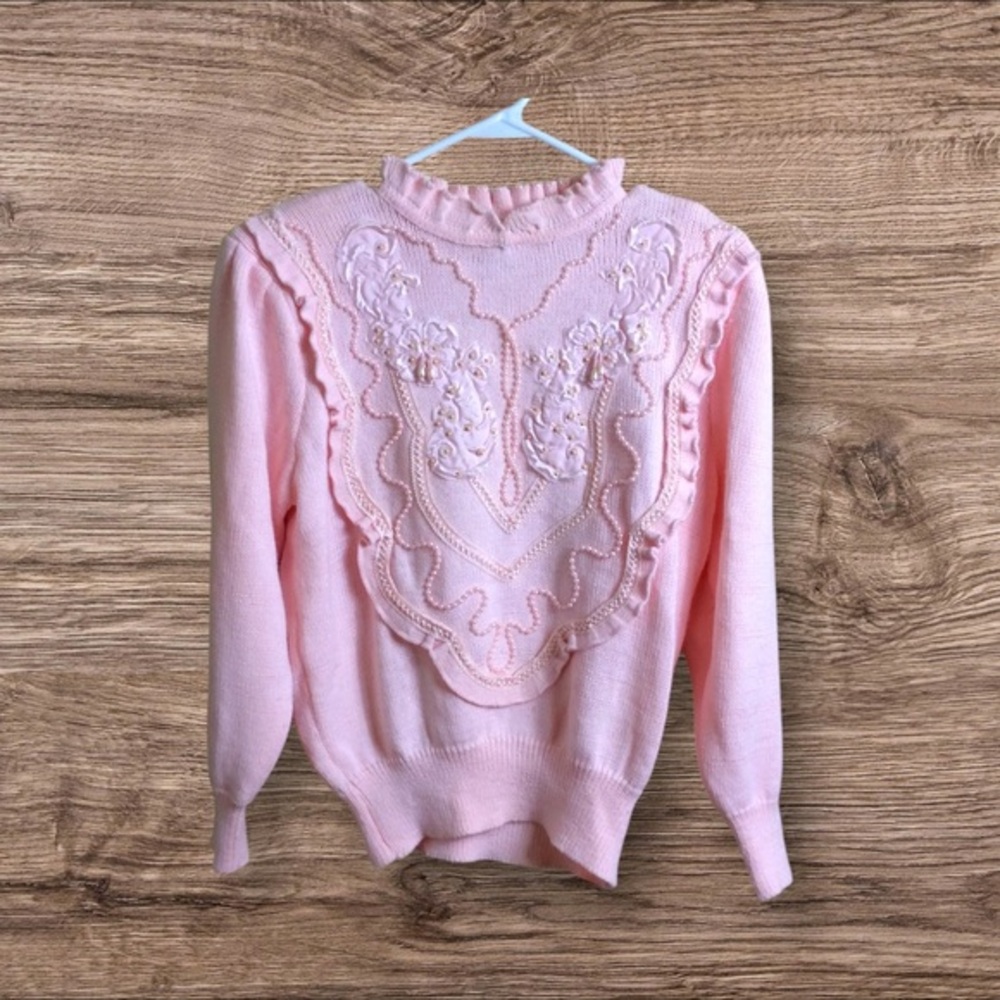 Vintage Jaclyn  Smith 80s pink embellished sweater. Medium.